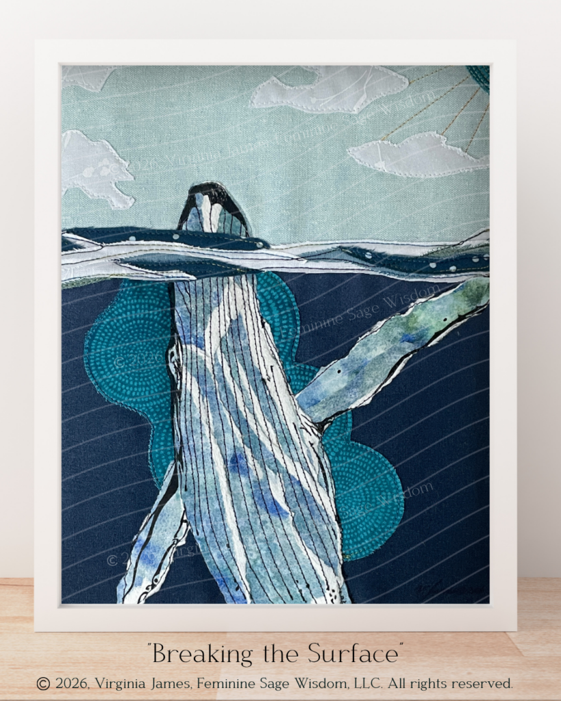 Using ink, deckled watercolor paper, watercolor paints, thread, and fabric, a humpback whale breaks through the surface of the water.